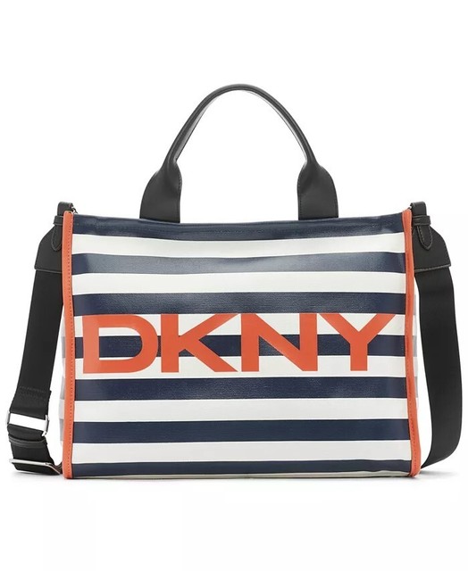 DKNY Emilee canvas striped medium tote crossbody bag NAVY BLUE / WHITE for sale online eBay