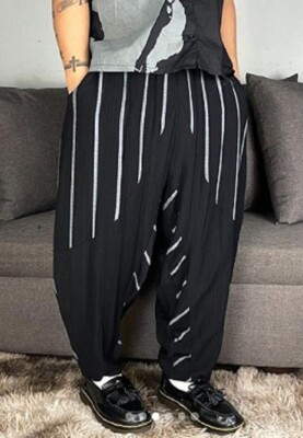 Unisex Japanese Black Stripes Wide Balloon Harem Pants - S