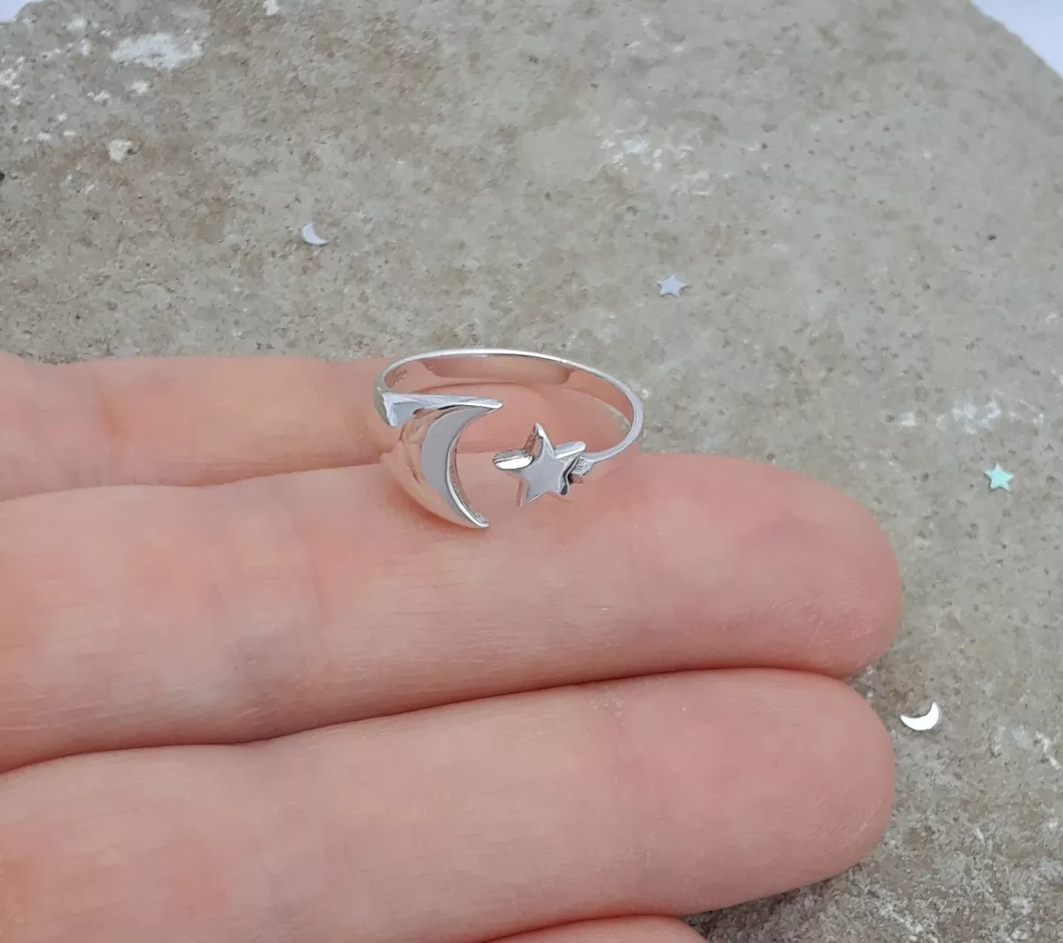 Celestial Moon & Stars Ring Set, Sterling silver