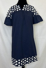 J. Crew Navy Blue White Bell Short Sleeve Fringe Polka Dot Shift Dress Size 4 FS
