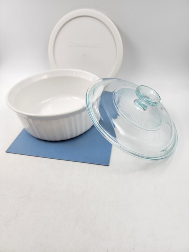 Corning Ware USA French White Round Casserole F-5-B 1.5 Qt, Pyrex & Plastic Lids