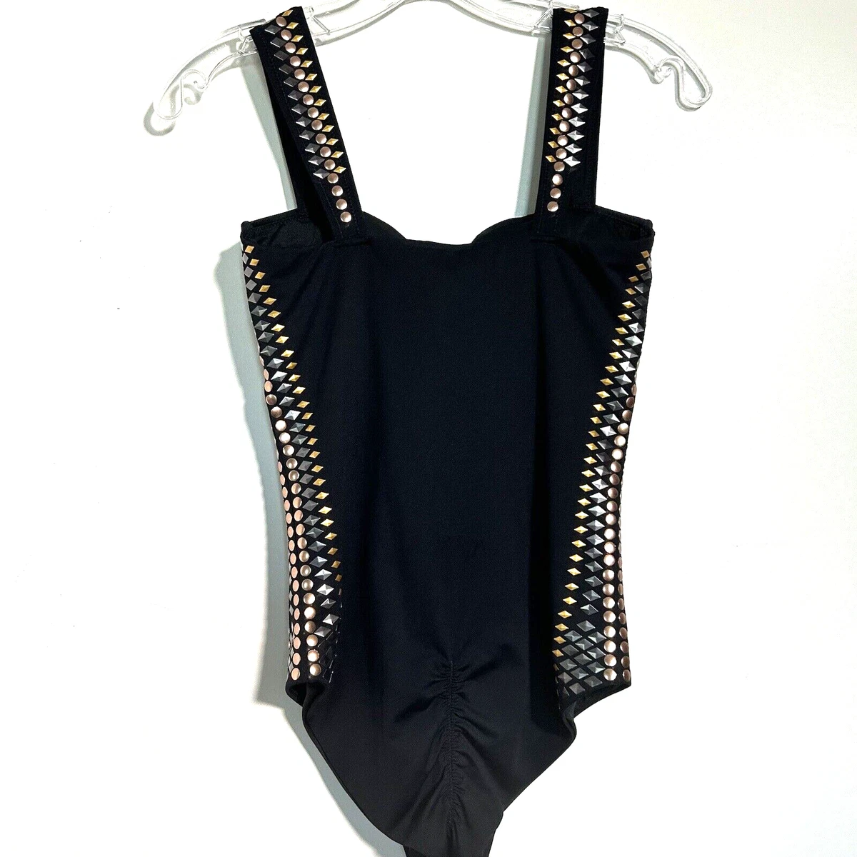 Agua Bendita Womens Sz. Small Black One Piece Swimsuit Studded Ruched French Cut