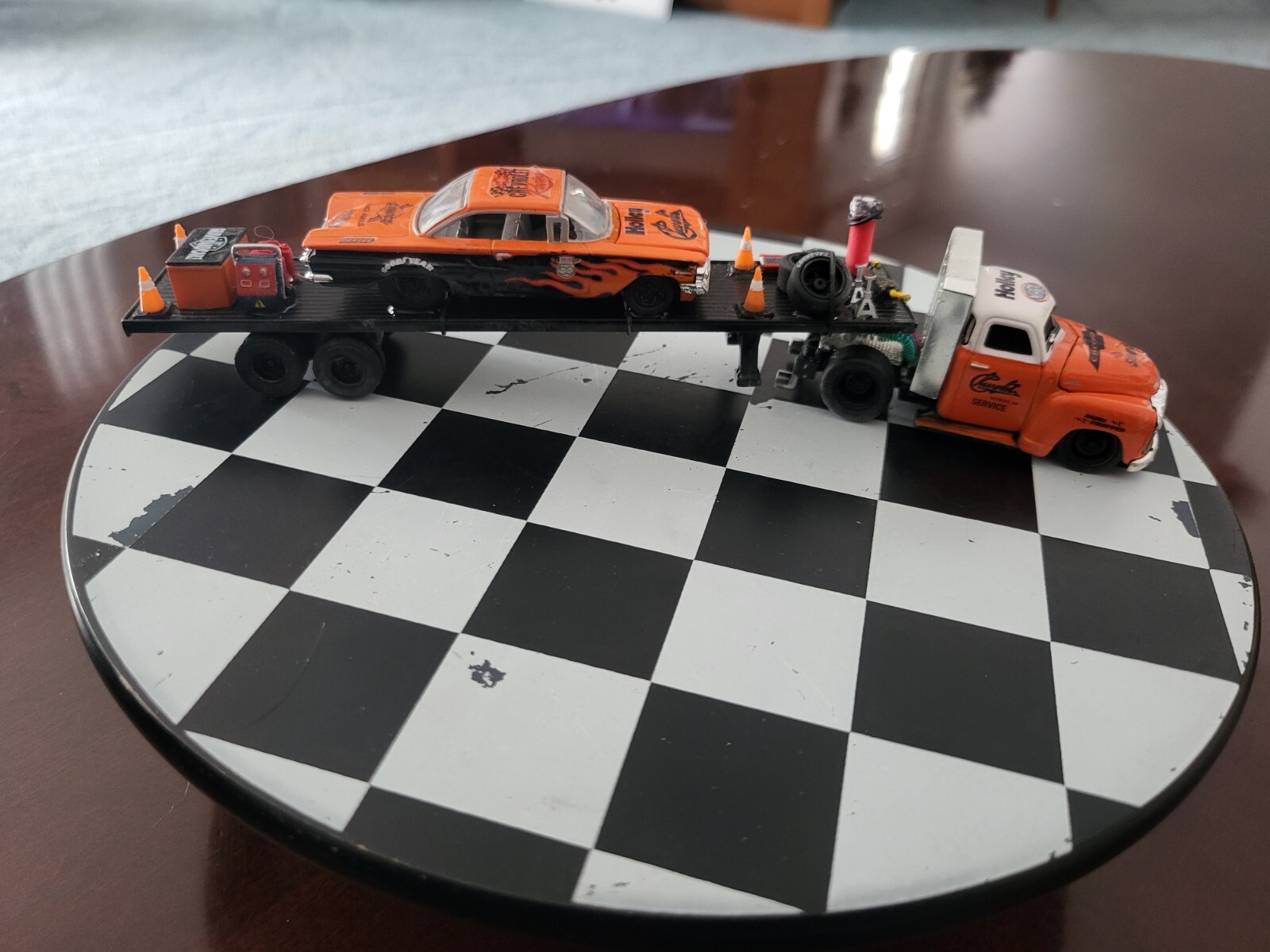 M2 CUSTOMIZED Ground Pounder 1:64,CHEVY 3100 Tow Truck,60 CHEVY IMPALA &TRAILER