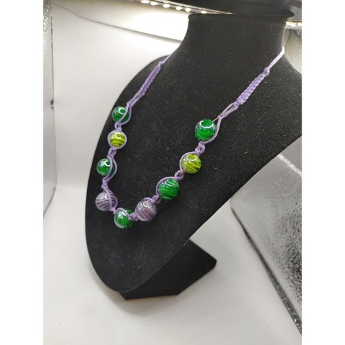 Necklace Purple Cotton Cord Green/ Purple/yellow Glass Round Beads - Picture 2 of 5