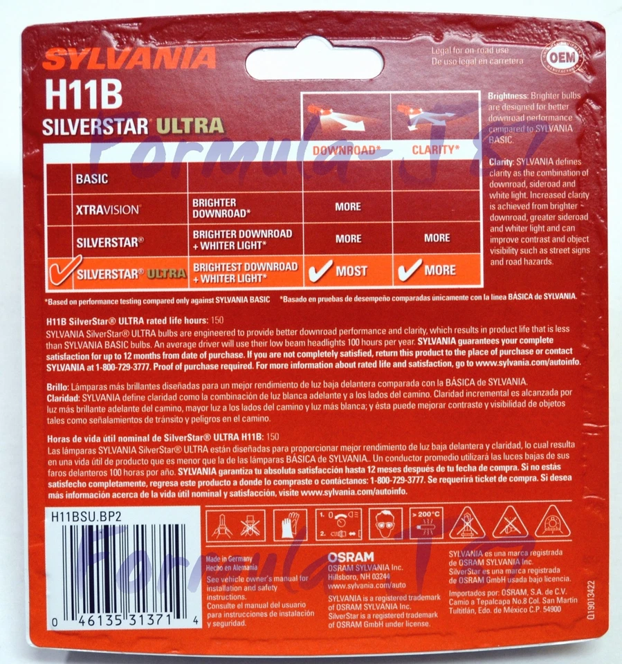Sylvania SilverStar Ultra H11B 55W Two Bulbs Head Light Low Beam Replace Upgrade - Image 3 of 4