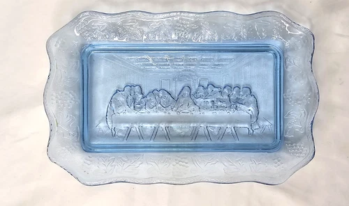 The Last Supper Tiara Vintage Indiana Glass Bread Plate Trinket Tray Aqua Blue