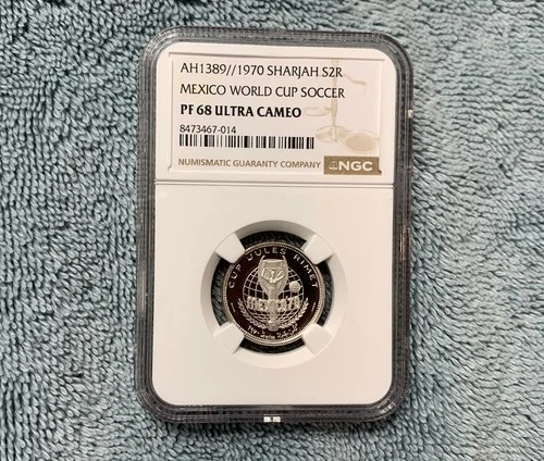 1970 Sharjah 2 Riyals Mexico World Cup Soccer Coin NGC PF 68 Ultra Cameo Toned