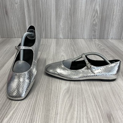 Mary Jane-Ballerinas M&S silber metallic vegan Schlangenlederoptik Größe 5 neu mit Etikett PC