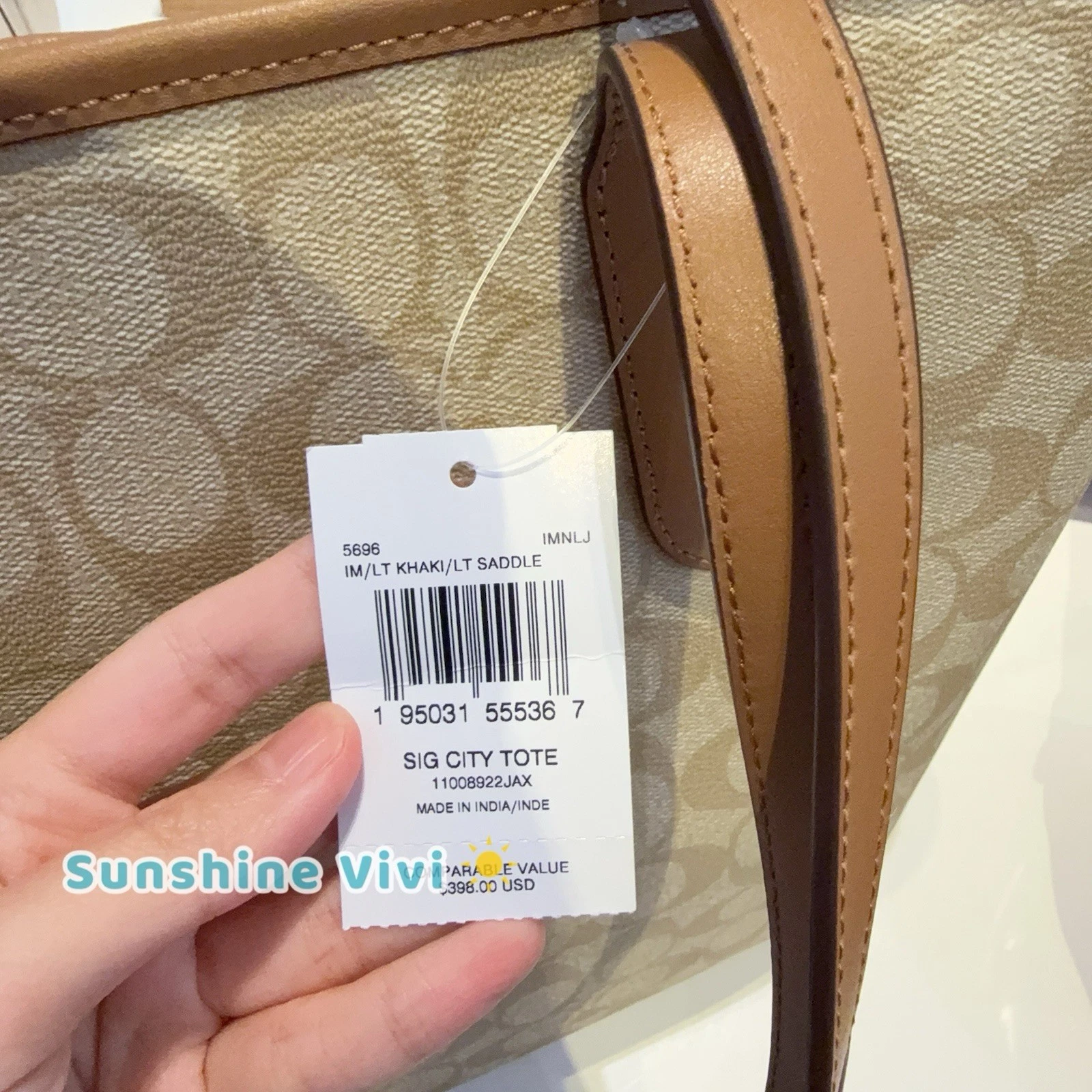 Sella Coach City Tote nuova con etichette in tela kaki chiaro firmata bordo in pelle 5696