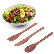 US 3PCS Wooden Tableware Sets Portable Fork Knife Spoon Cutlery Kitchen Dinnerwa