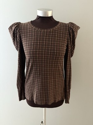 Nation LTD Romy Puff Sleeve Top Size Small Brown Tartan Plaid Preppy Lightweight