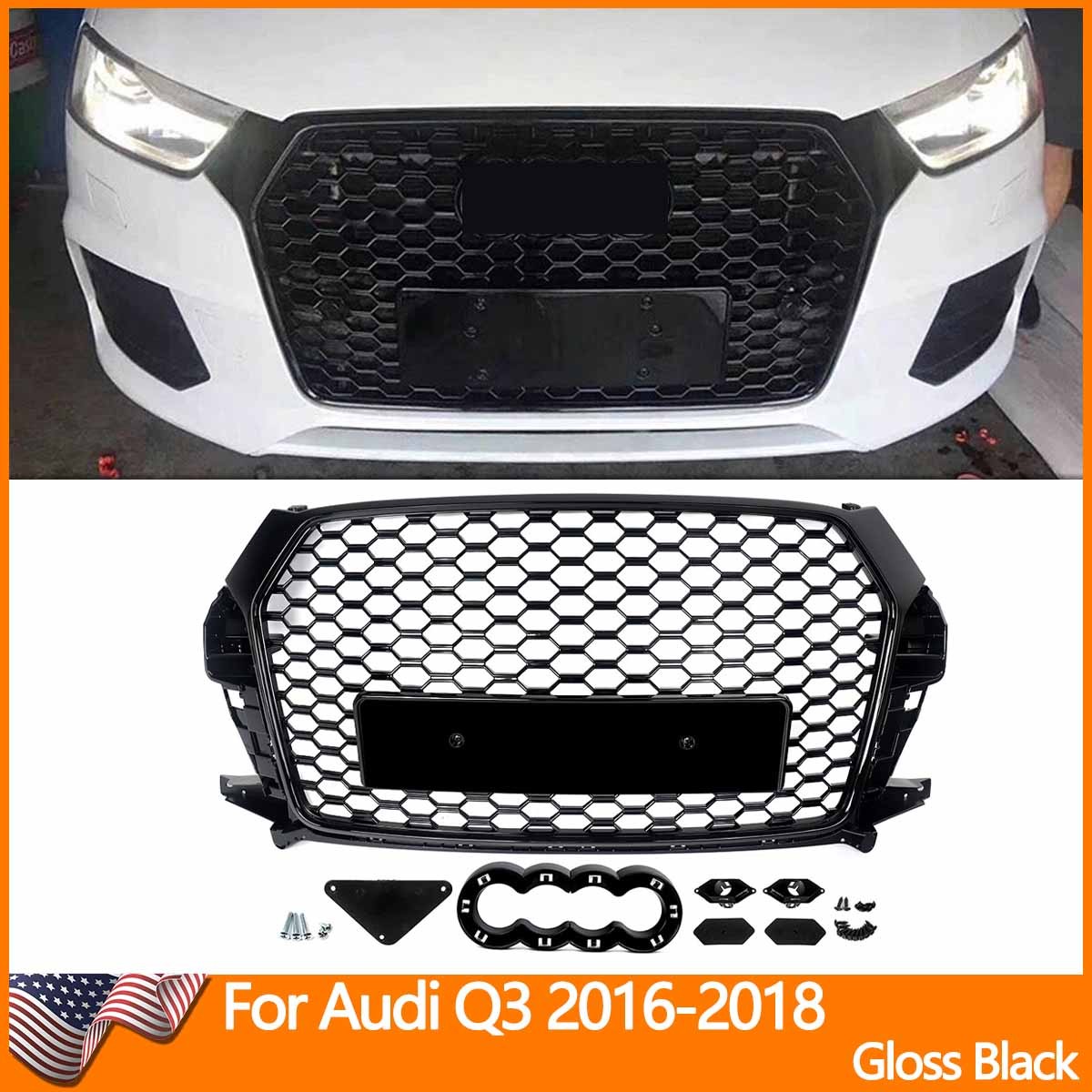 For Audi Q3 2016-2018 RSQ3 Style Gloss Black Ring Honeycomb Front Bumper Grille