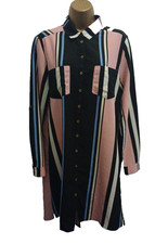 Cameo Rose Shirt Dress Size 12 Pink Black Blue Stripe Long Roll Tab Sleeve