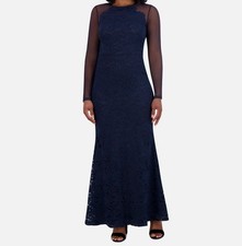 Eliza J Women's Blue Floral Embroidered Illusion-Sleeve Gown Dress Size 12