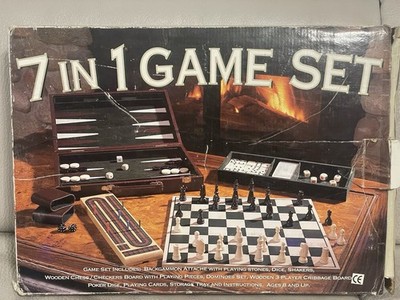7 in 1 Spiel Set Schach Backgammon Dominosteine Karten Cribbage Poker Würfel Koffer