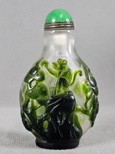 Chinese Monkey Butterfly Carved Peking Overlay Glass Snuff Bottle