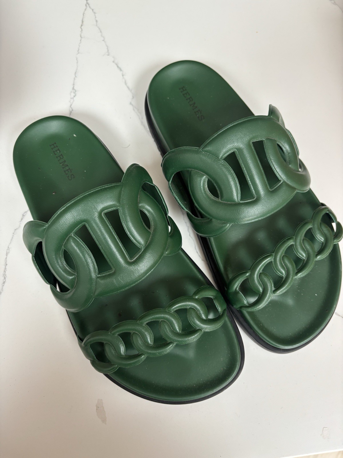 Hermes Extra Size 37.5 Green Leather Women's Sandals with Box