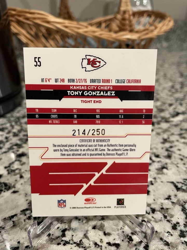 2006 Leaf 新秀和明星 Tony Gonzalez #55 比赛穿球衣 / 250 MEM — 第 2/2 张图片