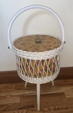 Vintage Wooden Fabric Tall Sewing Box With Legs Lid Knitting Supplies Storage