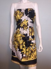 Max And Cleo Satin Yellow White Black Floral Print Strapless Shift Dress Size 12