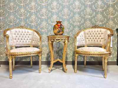Luxurious 2 Armchairs & Table Set French Rococo Style Handmade in Beige !& Gold