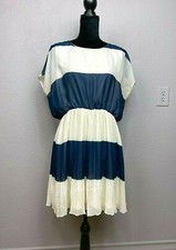 ASOS Size 12 Navy & Cream Striped Chiffon Pleated Skirt Blouson Dress