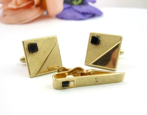 SET GEMELLI E FERMACRAVATTA SWANK vetro NERO vintage opaco lucido tono oro quadrati - Foto 4 di 7