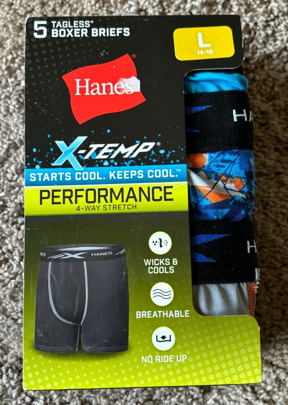 Hanes 5 Boxer Briefs Tagless X Temp Size Boys L 14 16 NEW
