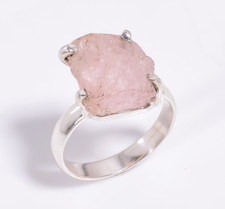 Natural Pink Rose Quartz Ring Raw Stone 925 Sterling Silver Boho Rings Jewelry