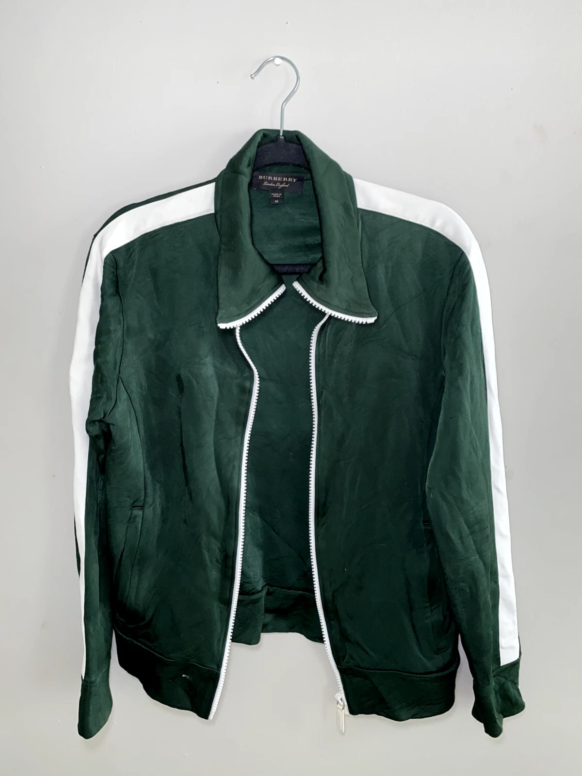 BURBERRY London England Track Giacca ZipUp Grande Viscosa Verde Bianco Righe