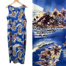 Vtg Hilo Hattie NWT Hawaiian Maxi Dress Sz 16 Blue Floral Island Print Sleeveles