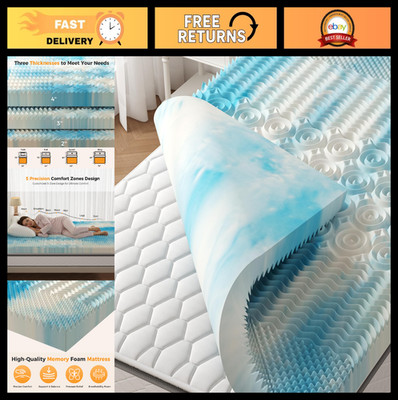 Full Size 2'' Memory Foam Mattress Topper - 5-Zone Cooling Gel Egg Crate Pad, Bre