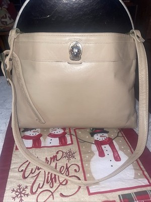 Vintage Ruth Saltz Cream Leather Shoulder Bag W/ Solid Cougar Pull