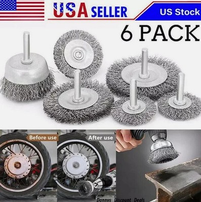 Wire Wheel Cup Brush Set Drill Attachment Coarse Crimped Carbon Steel Shank 6PCS