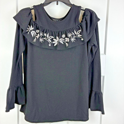 August Silk Women's Black Top Cutout Shoulders White Floral Embroidery Size S e