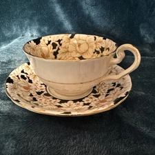 Victoria C&E Peony Bone China Teacup & Saucer Set England VTG  Floral Gold Black
