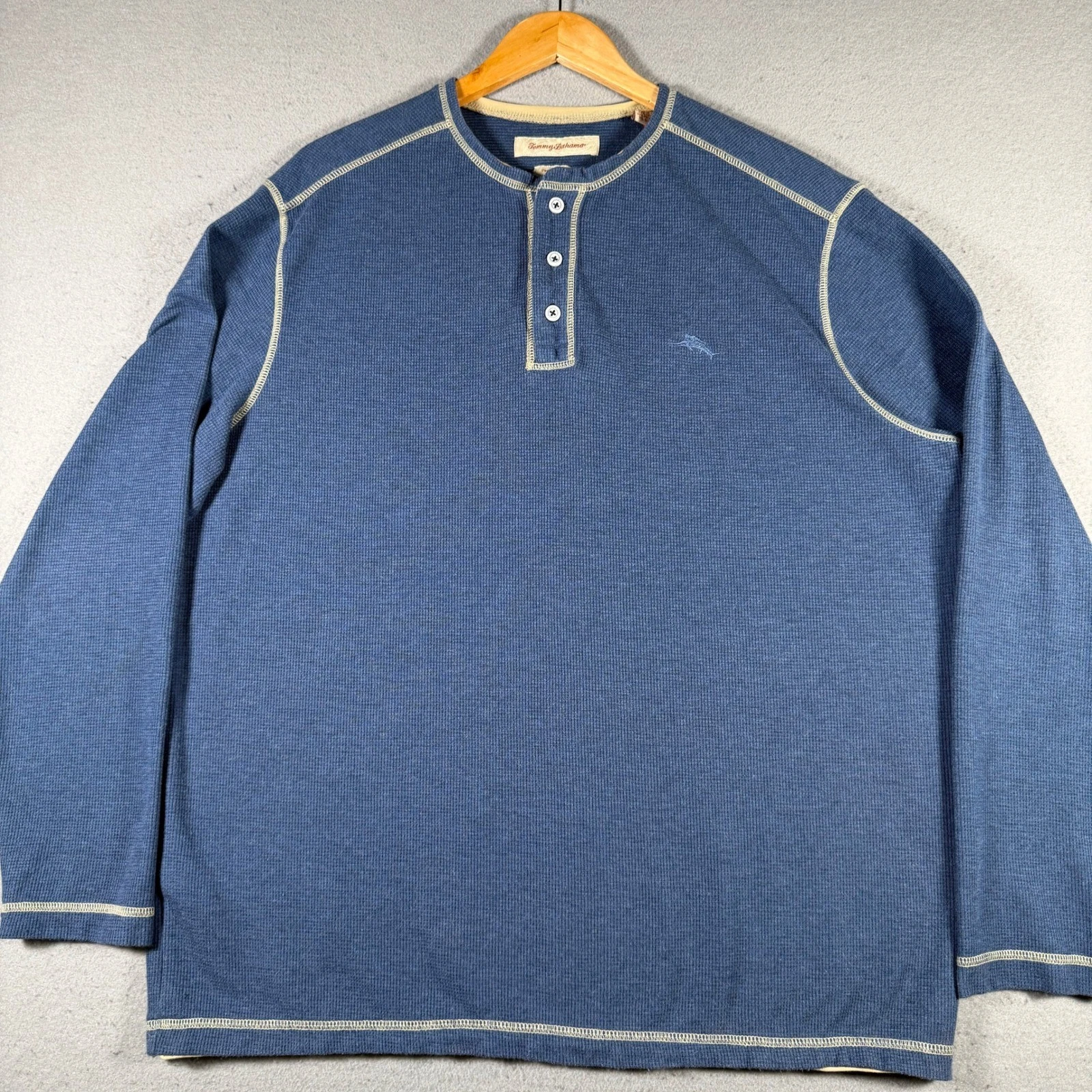 Tommy Bahama Mens XL Blue Waffle Knit Pima Cotton Henley Long Sleeve Shirt