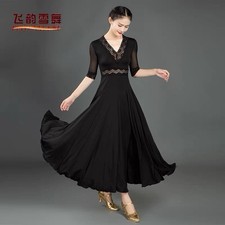 Women  s Ballroom Dance Dress Lace V-Neck 3/4 Sleeve Waltz Tango Practice Perform