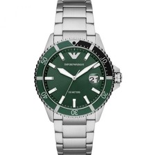 NEW EMPORIO ARMANI MENS WATCH DIVER AR11338 STAINLESS STEEL SILVER & GREEN TONE