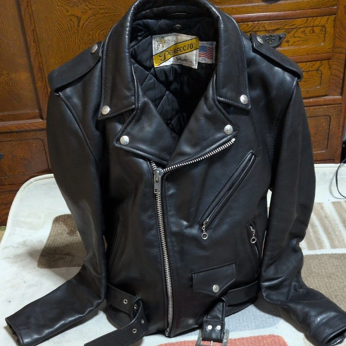 Chaqueta de Cuero Schott 618 Perfecto Double Rider Negra Talla 36 De Colección JAPÓN