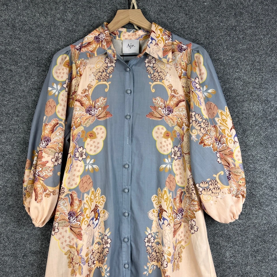 Aje. Floral Print Silk Blend Midi Shirt Dress Puff Sleeve Button Front Split Hem - Image 3 of 4