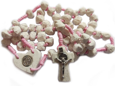 Saint Benedict Rosary HANDMADE Stone Catholic Pink Woman from Medjugorje  BAG