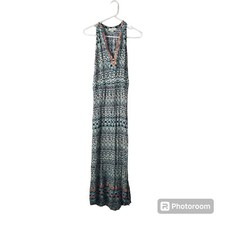 THML Boho Sleeveless Embroidered Maxi Dress Side Slit Tropical Blue Multi M