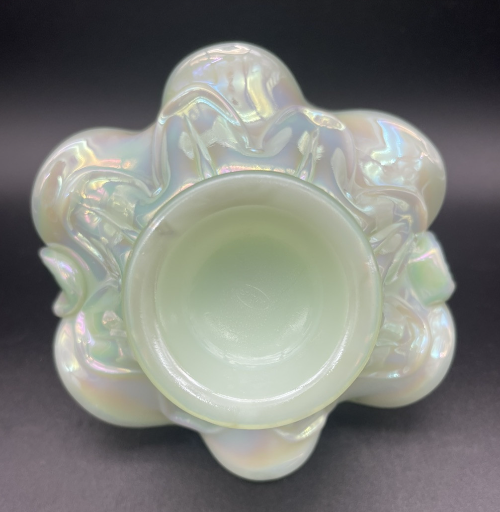 VTG Fenton Art Glass Green Jadeite Sea Foam Basket Iridescent 6