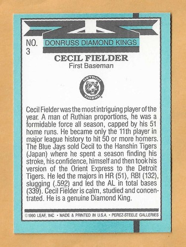 CECIL FILDER DETROIT TIGERS DIAMOND KINGS #3 - DONRUSS CASI NUEVO-COMO NUEVO 1991 - Imagen 2 de 2