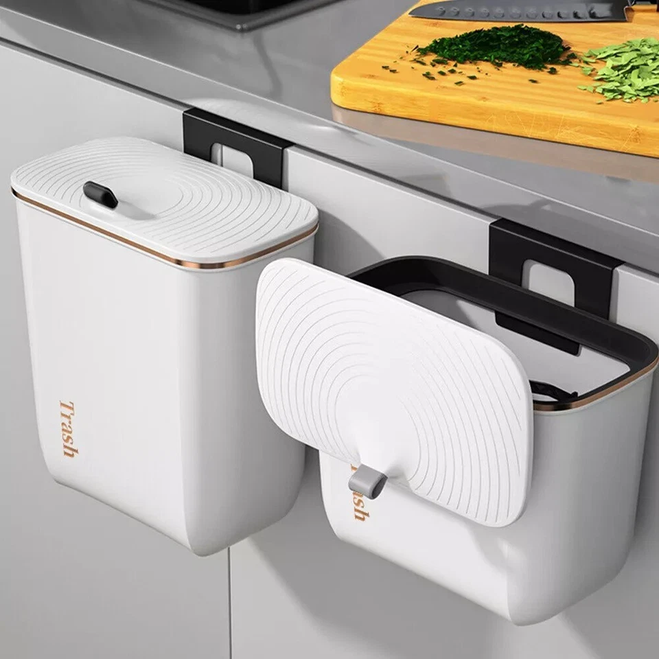 7/9L Wall Mount Waste Bin Kitchen Cabinet Door Cupboard Hanging Trash Can W/Lid - Image 2 of 4