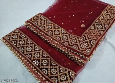 Bridal dupatta dark maroon beautiful  high quality soft Net Gold thread embroide