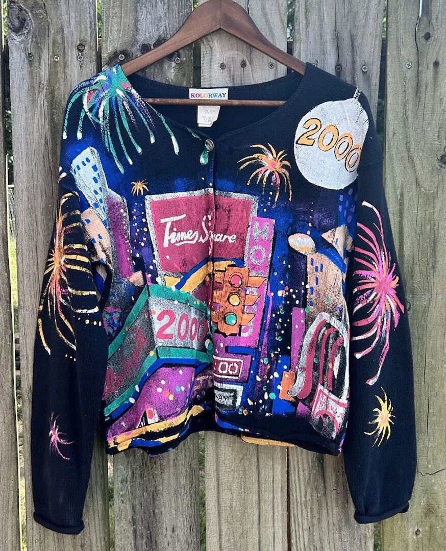 Vintage Kolorway Sweater Large Hand Painted Art to Wear Y2K 2000 Times Square