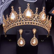 Baroque Headdress Bridal Crown Sets Champagne Tiaras Earrings Sets Accessories