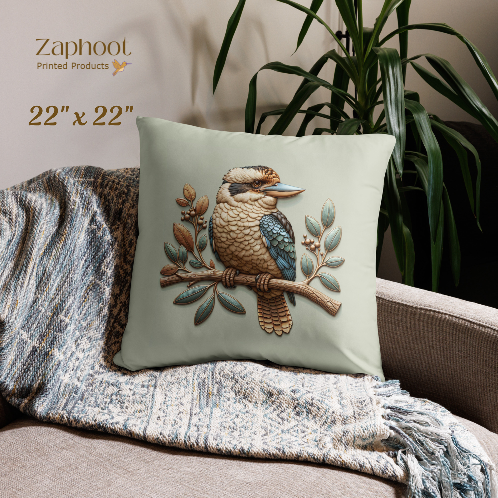 Throw Pillow Kookaburra 3D Design, Printed Front and Back-image